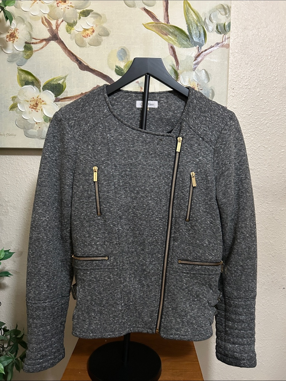 Calvin Klein Dark Gray Moto Zip Jacket with Gold Hardware